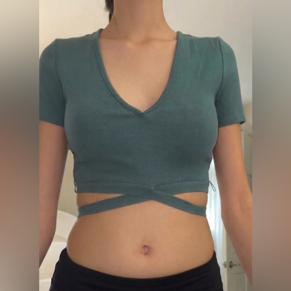 Zara Teal Ribbed V-Neck Wrap-Around Crop Top